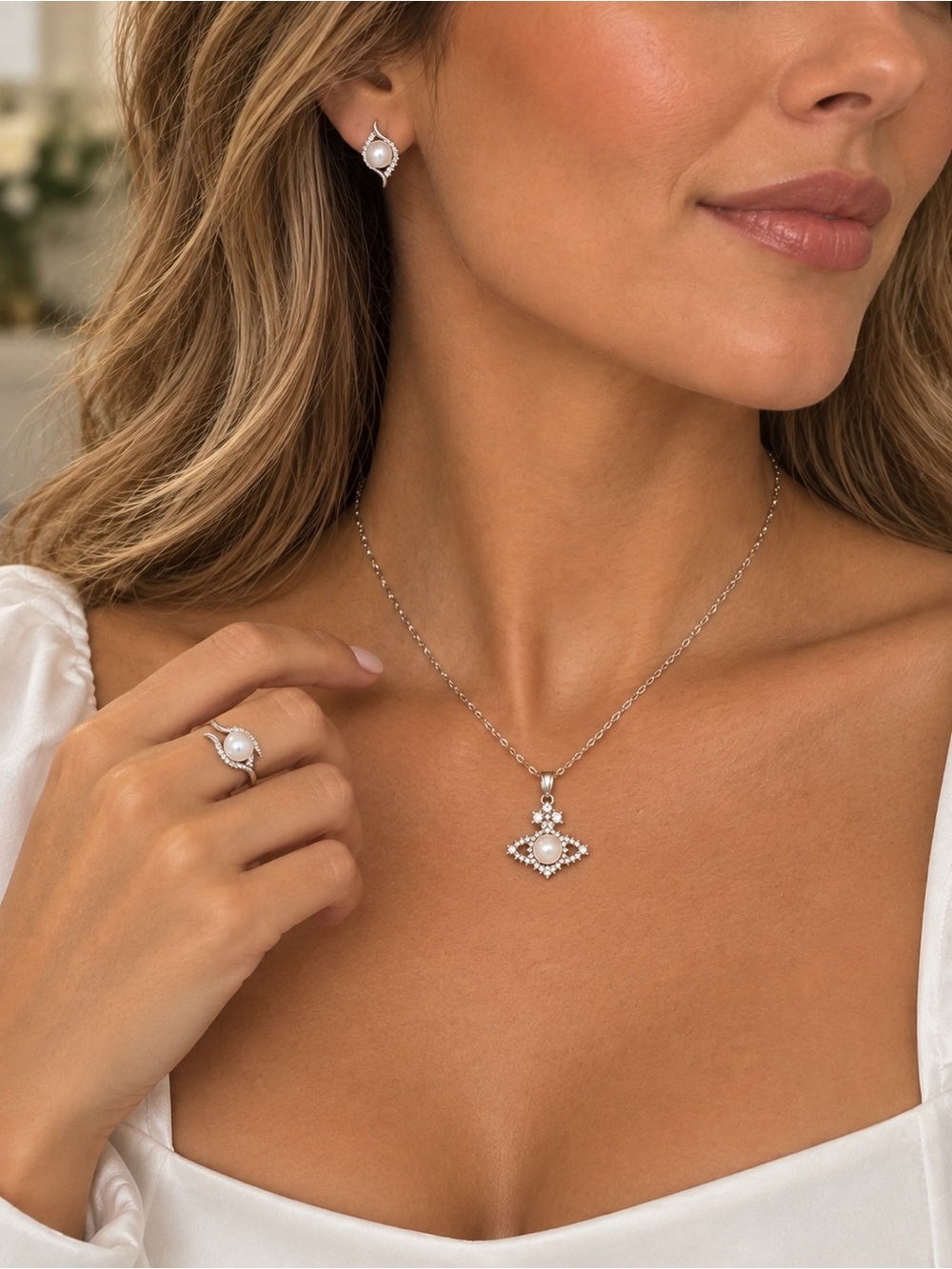 Freshwater Pearl 18k Plated 925 Silver Halo Necklace, Stud Earrings & Ring set